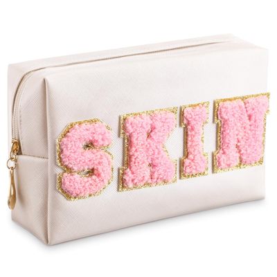 Hillban Preppy Patch Skin Makeup Bag PU Leather Cosmetic Travel Toiletry Bag Large Waterproof Engagement Gift Bag Letter Zipper Pouch Teacher Graduation Gifts for Women (7.1 x 2.75 x 4.3 Inch)