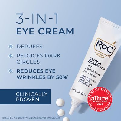 RoC Retinol Correxion Under Eye Cream for Dark Circles &amp; Puffiness, Daily Wrinkle Cream, Anti Aging Line Smoothing Skin Care Treatment, Stocking Stuffers for Men &amp; Women, 0.5 oz (Packaging May Vary)