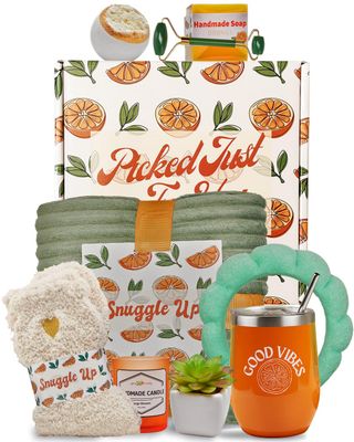 Sunny&amp;Wise Care Package For Women, Self Care Gifts for Women, Get Well Gifts For Women After Surgery, Orange Fruit Themed, Thinking of You Gifts for Women with 12 Oz Good Vibes Tumbler