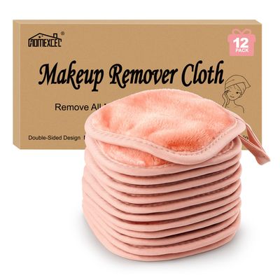 HOMEXCEL Makeup Remover Cloth 12 Pack, Reusable Makeup Remover Pads, Washable Ultra Soft Facial Cleansing Cloths For All Skin Types, 5 X 5 In, Pink