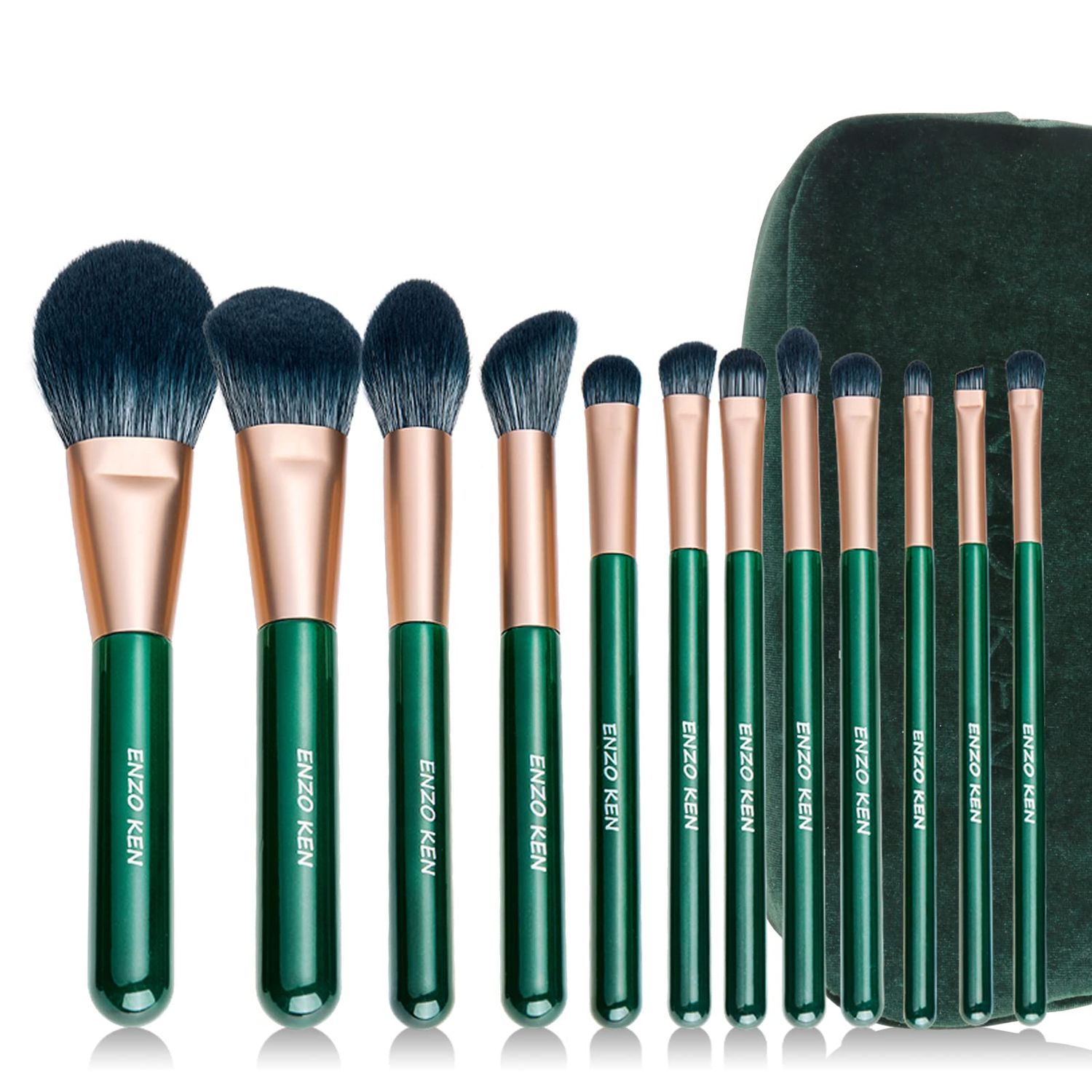 Natural Fiber &amp; Goat Hair Makeup Brush Set Professional, Combined Hair Makeup Brushes Set with Case by Luxury ENZO KEN, Emerald Green Cosmetic Brushes Makeup Set, Natural Bristle Makeup Brushes.