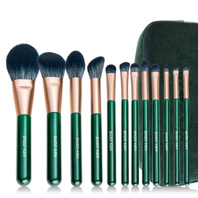 Natural Fiber &amp; Goat Hair Makeup Brush Set Professional, Combined Hair Makeup Brushes Set with Case by Luxury ENZO KEN, Emerald Green Cosmetic Brushes Makeup Set, Natural Bristle Makeup Brushes.