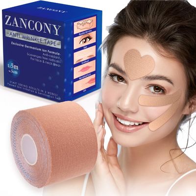 zancony 2 in 1 Face Tape, Forehead Tape for Anti Wrinkle Patches and Face Lift Tape for Full Face and Neck, Kinesiology Tape for Relaxing Facial Muscles, Hypoallergenic5CM Wide