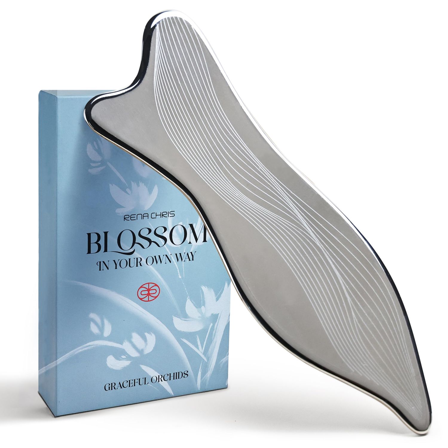 Rena Chris Stainless Steel Gua Sha Facial Tools - Acupressure &amp; Gua Sha for Face Massage, Jawline Sculpting, Puffiness Reduction, Guasha Skin Care Tool with Carry Pouch and Cleaning Cloth