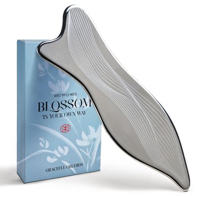 Rena Chris Stainless Steel Gua Sha Facial Tools - Acupressure &amp; Gua Sha for Face Massage, Jawline Sculpting, Puffiness Reduction, Guasha Skin Care Tool with Carry Pouch and Cleaning Cloth
