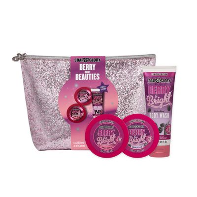 Soap &amp; Glory Berry Merry Gift Set - Limited Edition Body Wash, Exfoliating Body Scrub and Body Butter - Enriched with Notes of Blackberry, Peony &amp; Apple Blossom (3 Count)
