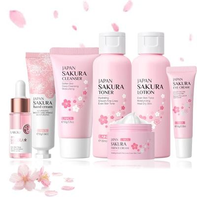 Sakura Stocking Stuffers for Teens Girls Skincare Set, Sakura Extract Skin Care Set, Skin Care Kit With Serum,Toner,Lotion,Eye Cream,Face Cream,Hand Cream,Cleanser, Gentle &amp; Beauty Skincare 7PCS