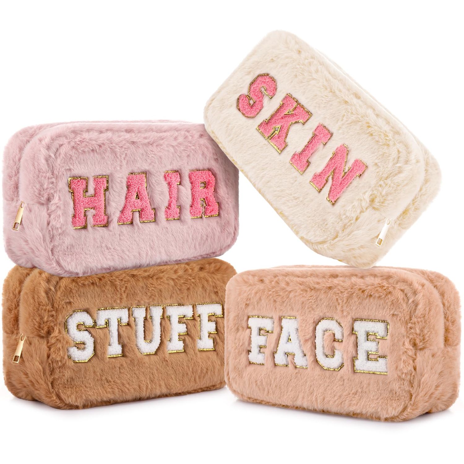 Paterr 4 Pieces Chenille Letter Preppy Patches Makeup Bag Plush Fuzzy Makeup Bag Cosmetic Bag Hair Skin Face Toiletry Bag Stuff Pouch with Zipper Valentine&#39;s Day Gifts for Women(Pink Brown)