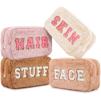 Paterr 4 Pieces Chenille Letter Preppy Patches Makeup Bag Plush Fuzzy Makeup Bag Cosmetic Bag Hair Skin Face Toiletry Bag Stuff Pouch with Zipper Valentine&#39;s Day Gifts for Women(Pink Brown)