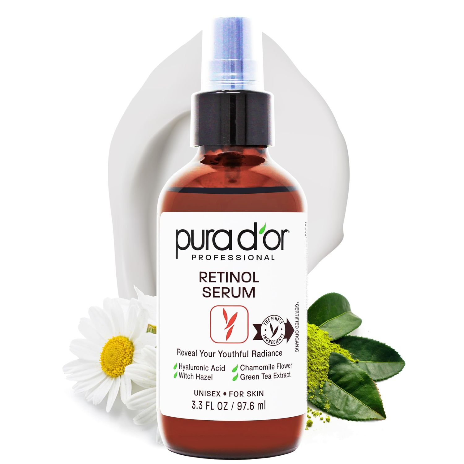 PURA D'OR 3.3 Oz Retinol Serum For Nighttime - Advanced PM Skin Care Formula - Anti-Aging Wrinkle Reducer for Radiant Skin - Natural Vitamin A &amp; Collagen Booster - Fine Lines Treatment - Travel Size