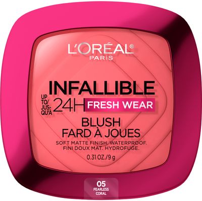 L&#39;Oreal Paris Infallible Up to 24H Fresh Wear Soft Matte Blush, Blendable, Long-Lasting and Waterproof Cheek Make Up, Fearless Coral 05, 0.31 Oz