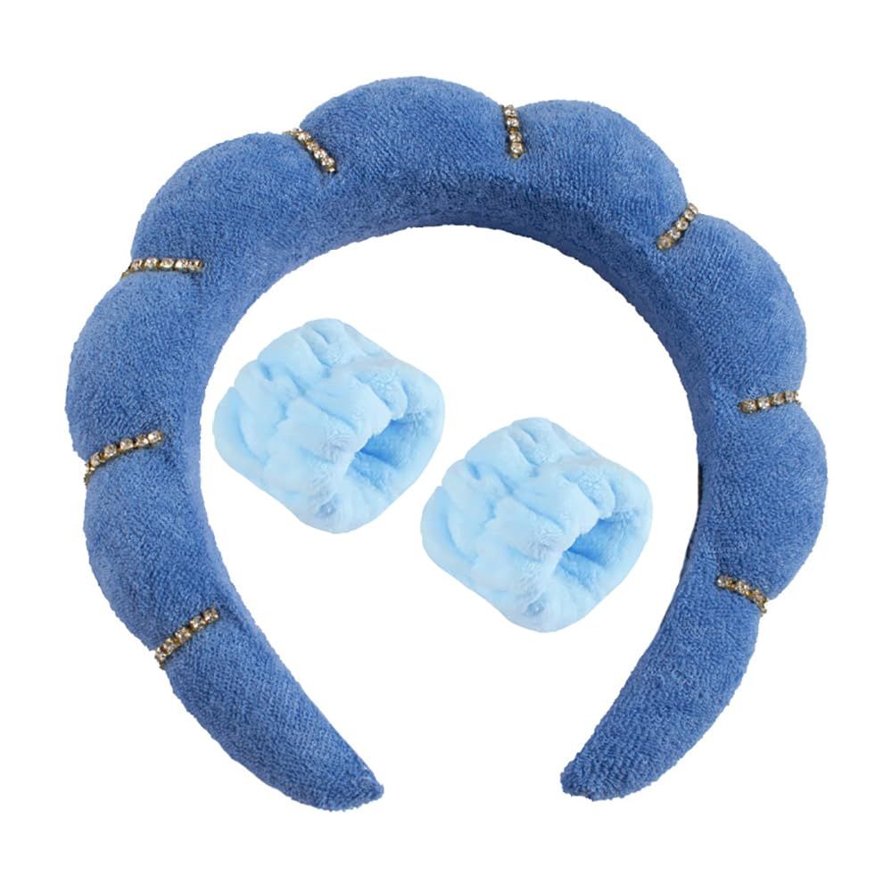 Vamotto Women&#39;s Makeup Headband with 2 Wash Wristbands- Soft, Non-Slip SPA and Wash Headband for Daily Beauty Routine, Perfect for Face Washing, Skincare, and Makeup Application (Blue)