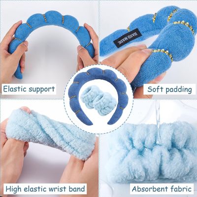 Vamotto Women's Makeup Headband with 2 Wash Wristbands- Soft, Non-Slip SPA and Wash Headband for Daily Beauty Routine, Perfect for Face Washing, Skincare, and Makeup Application (Blue)