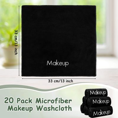 Shimeyao 20 Pack Makeup Washcloths Microfiber Makeup Remover Towels Reusable Quick Dry Face Wash Cloth Soft Washable Fingertip Facial Makeup Towels for Cleansing Hand and Make Up,13x13 Inch(Black)