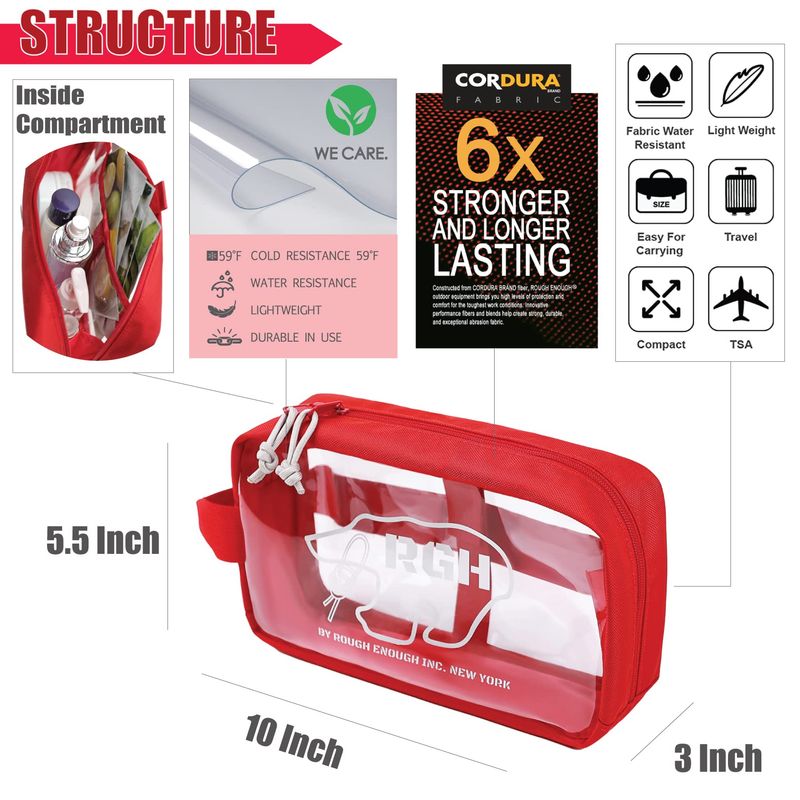 Rough Enough Clear Toiletry Bag Travel Cosmetic Makeup Toothbrush Case Pouch Organizer for Women Skincare Waterproof Traveling Essentials Red