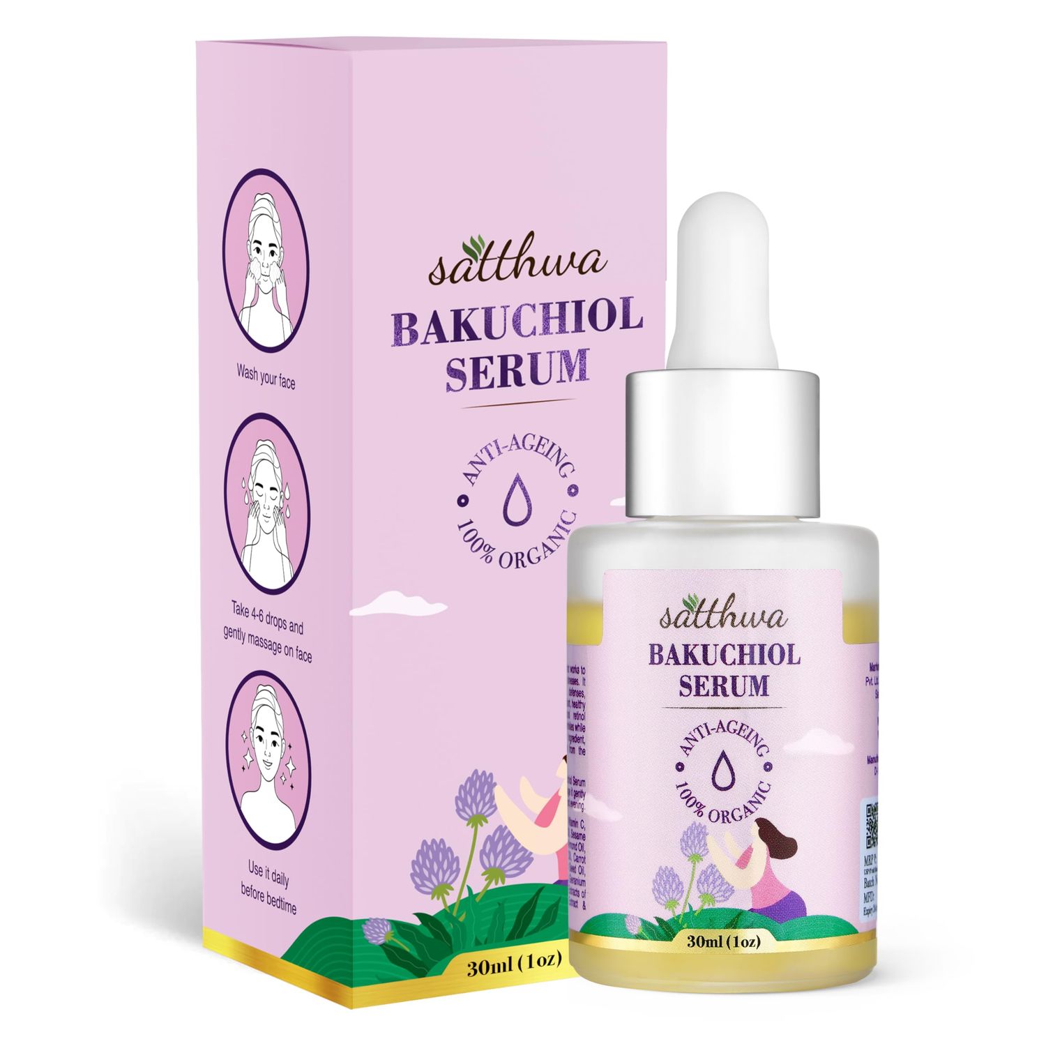 Satthwa Organic Bakuchiol Face Serum - Plumping, Anti-Aging and Reduces Wrinkles Fine Lines - Serum with Vitamin C, Ashwagandha Root Extract - Vegan &amp; Cruelty Free- 1 FL OZ