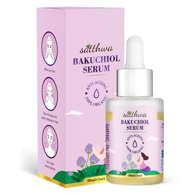 Satthwa Organic Bakuchiol Face Serum - Plumping, Anti-Aging and Reduces Wrinkles Fine Lines - Serum with Vitamin C, Ashwagandha Root Extract - Vegan &amp; Cruelty Free- 1 FL OZ