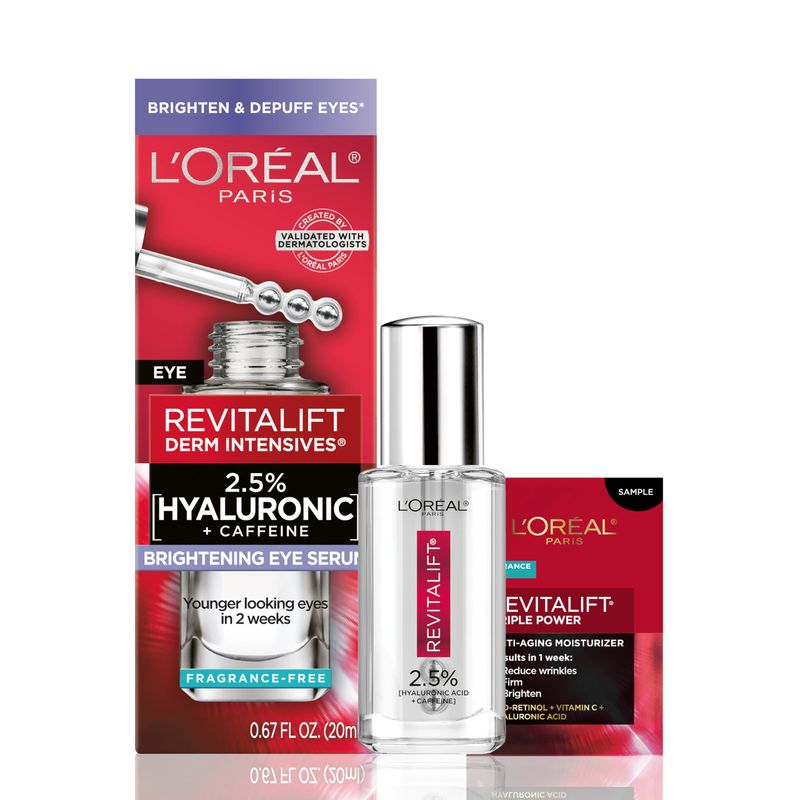 L&#39;Oreal Paris Revitalift Hyaluronic Acid + Caffeine Hydrating Eye Serum for Dark Circles, Fragrance Free .67 fl. oz + Moisturizer Sample