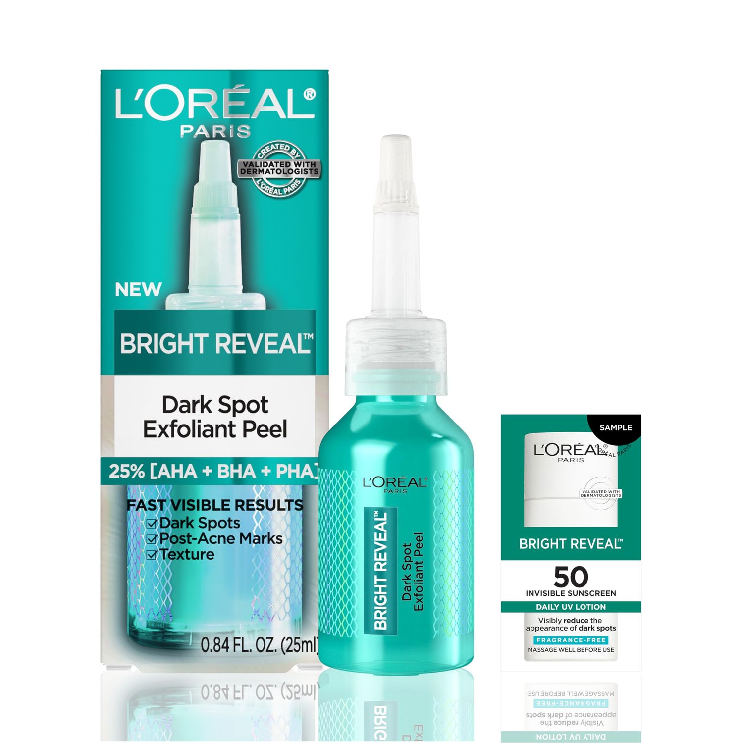 L&#39;Oreal Paris Bright Reveal Dark Spot Exfoliant Peel, 25% AHA BHA PHA Face Exfoliator Solution, Gentle Skincare to Visibly Reduce Dark Spots and Renew Skin Texture, Includes SPF Lotion Sample