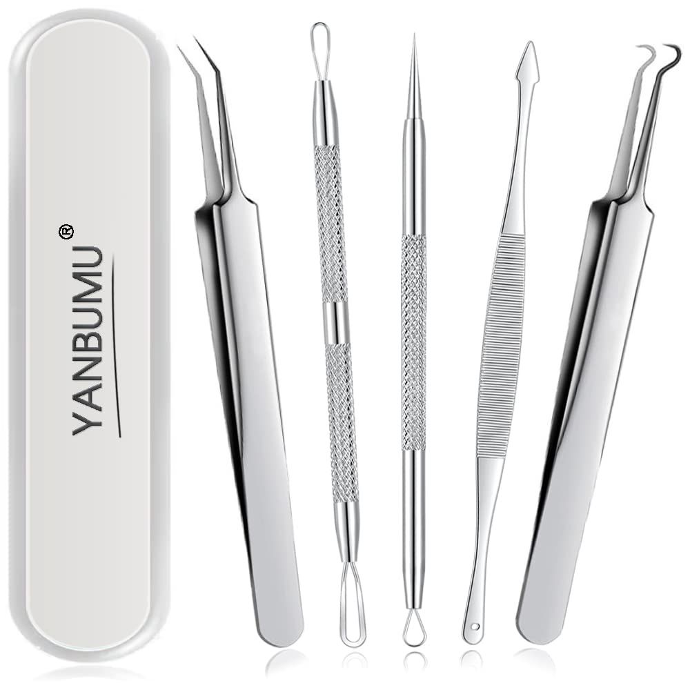 YANBUMU blackhead remover tools, Pimple Popper Tool Kit, Stainless Steel black head remover for face, Pimple extractor Tweezers for Acne Comedone Zit Whitehead, blackhead tweezers 5pcs