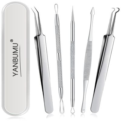 YANBUMU blackhead remover tools, Pimple Popper Tool Kit, Stainless Steel black head remover for face, Pimple extractor Tweezers for Acne Comedone Zit Whitehead, blackhead tweezers 5pcs