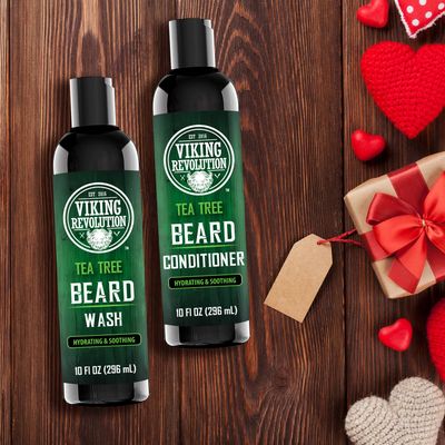 Viking Revolution Tea Tree Oil Beard Wash and Beard Conditioner For Men - Natural Beard Softener Set with Argan Oil, Vitamin E and Ginseng - Tea Tree Beard Shampoo and Conditioner Set (10 Oz)