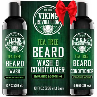 Viking Revolution Tea Tree Oil Beard Wash and Beard Conditioner For Men - Natural Beard Softener Set with Argan Oil, Vitamin E and Ginseng - Tea Tree Beard Shampoo and Conditioner Set (10 Oz)