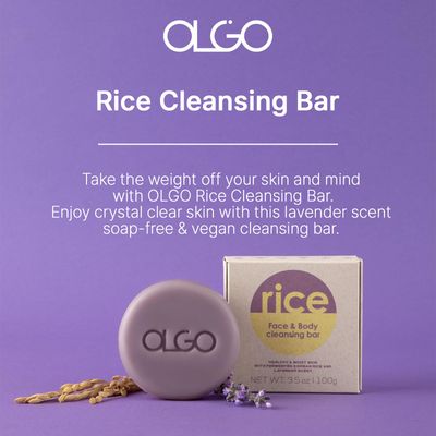 OLGO Rice Cleansing Bar 3.5 oz - Soap-free cleansing bar for face and body | crystal clear &amp; moist skin with fermented Korean rice water and natural lavender oil | vegan, sustainable formula