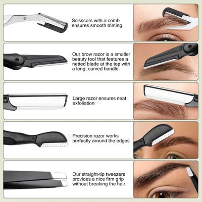 NAZQAT Eyebrow Kit - Multipurpose Eyebrow Grooming Kit For Women &amp; Men For Eyebrow Trimming, Shaping, And Exfoliating - Includes Eyebrow Tweezers, Eyebrow Razor Tools, Eyebrow Scissors (Pack of 6)