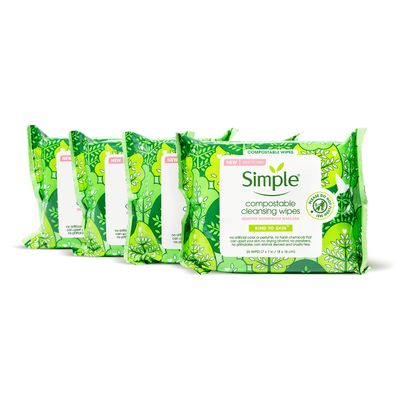 Simple Kind to Skin Cleansing Facial Wipes for Removing Makeup Compostable No Artificial Perfume or Color, Paraben Free, Phthalate Free 25 Count 4 Pack