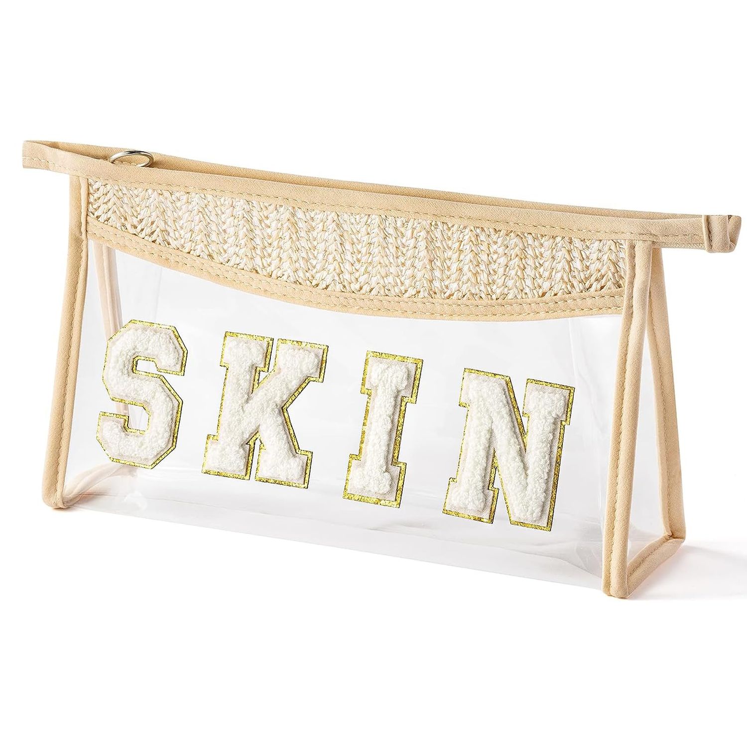 zadanle Clear Boho Patch Makeup Bag, Letter BEACH Cosmetic Bag, Transparent Travel Toiletry Bag, Waterproof Snacks Bag, Zipper Sunscreen Summer Skincare Bag Gift for Women Girls (skin)