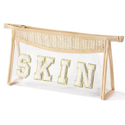 zadanle Clear Boho Patch Makeup Bag, Letter BEACH Cosmetic Bag, Transparent Travel Toiletry Bag, Waterproof Snacks Bag, Zipper Sunscreen Summer Skincare Bag Gift for Women Girls (skin)