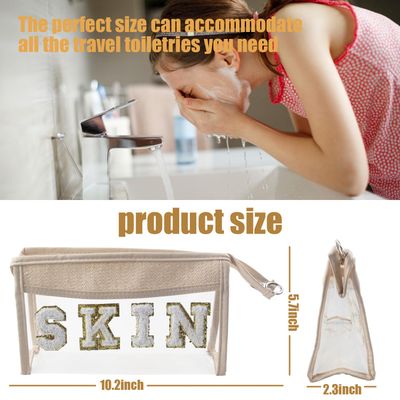 zadanle Clear Boho Patch Makeup Bag, Letter BEACH Cosmetic Bag, Transparent Travel Toiletry Bag, Waterproof Snacks Bag, Zipper Sunscreen Summer Skincare Bag Gift for Women Girls (skin)
