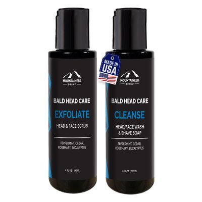 Mountaineer Brand Bald Head Care For Men | Exfoliate (4oz) and Cleanse Shampoo (4oz) | All Natural Exfoliating Scalp and Face Scrub | Moisturizing and Hydrating Shaving Soap and Wash