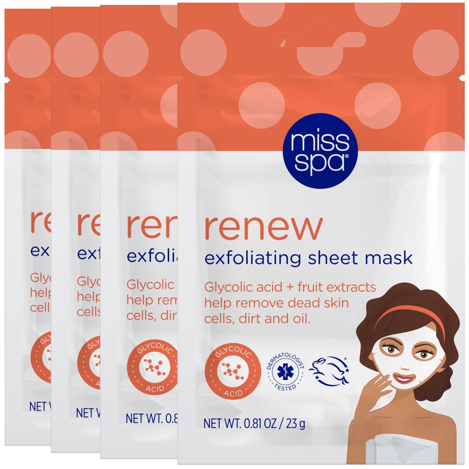 MISS SPA Renew Exfoliating Sheet Mask for Face, Skin Smoothing Face Mask Removes Dirt, Dead Skin and Oil, 4 Pack