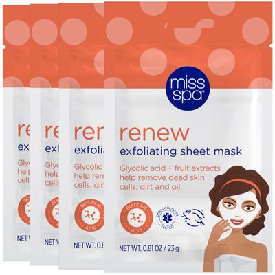 MISS SPA Renew Exfoliating Sheet Mask for Face, Skin Smoothing Face Mask Removes Dirt, Dead Skin and Oil, 4 Pack