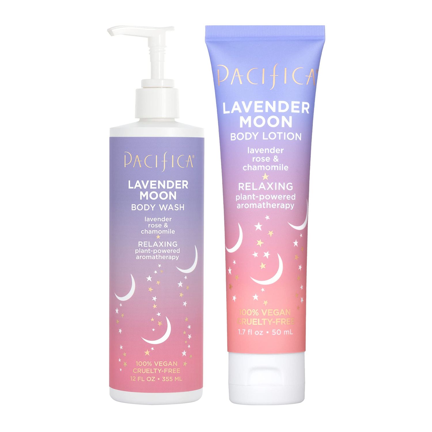 Pacifica Beauty Lavender Moon Body Wash with Pump and Body Lotion Set, Moisturizing, Hydrating, Aloe, Hyaluronic Acid, Rose, Chamomile, Relaxing, Aromatherapy, Vegan, 12 fl oz and 1.7 fl oz (Set of 2)