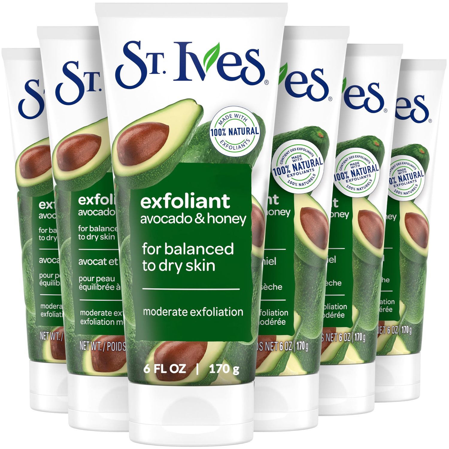 St. Ives Soft Skin Face Scrub, Avocado &amp; Honey Moderate Exfoliator For Soft, Smooth Skin, Oil-free Facial Scrub Made with 100% Natural Exfoliants, 6 oz, 6 Pack