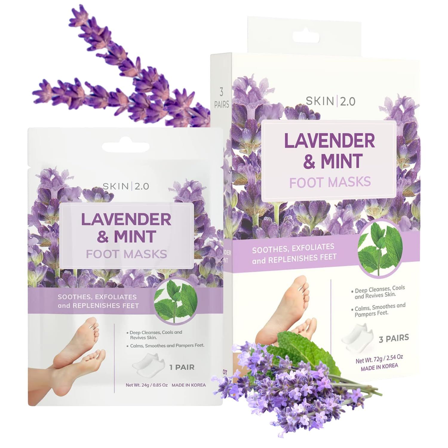 Skin 2.0 Lavender &amp; Mint Foot Masks - Relieves Swollen Feet, Removes Odor, Relaxing &amp; Hydrating - Dermatologist Tested Korean Skincare - Clean Beauty, Cruelty-Free, All Skin Types - 3 Pairs