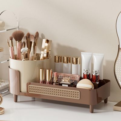 Rotating Large Capacity Cosmetic Display Case,Bathroom Counter Organizer Countertop Storage,Cosmetics Skincare Shelf Organizer (Coffee, XM)