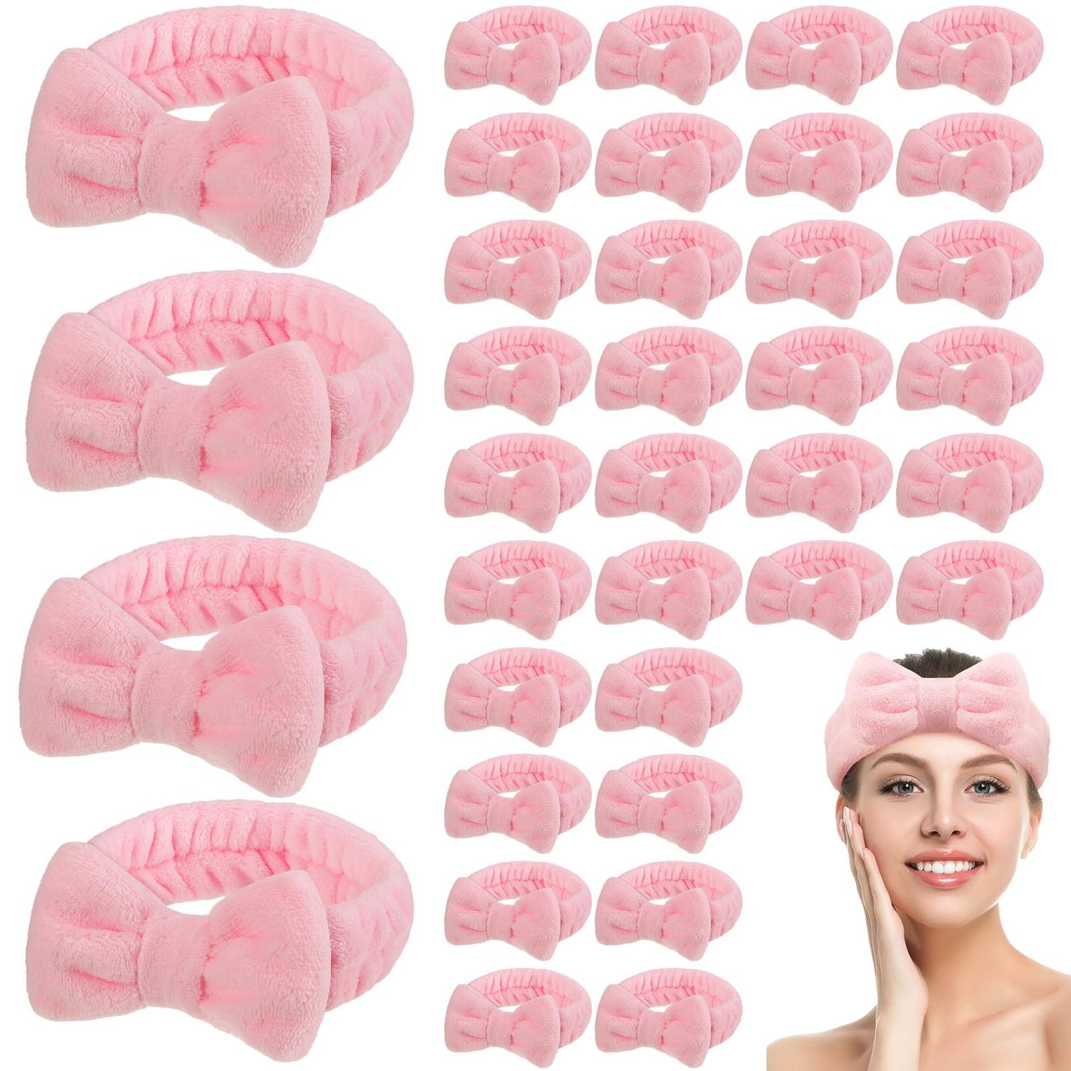 Riceshoot 36 Pcs Spa Headband Bulk Facial Makeup Headband Bow Skincare Headbands Flannel Fleece Head Band Elastic Soft Face Wash Headband for Hair Wrap Yoga Sports Skincare Shower Women(Pink)