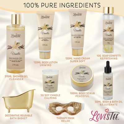 Valentines Day Spa Gift Basket for Women, Vanilla Bath & Body Set, Christmas & Birthday Gift, Includes Shower Gel, Body Lotion, Hand Cream, Body Scrub, Message Oil, Candle, Eye Mask, Confetti