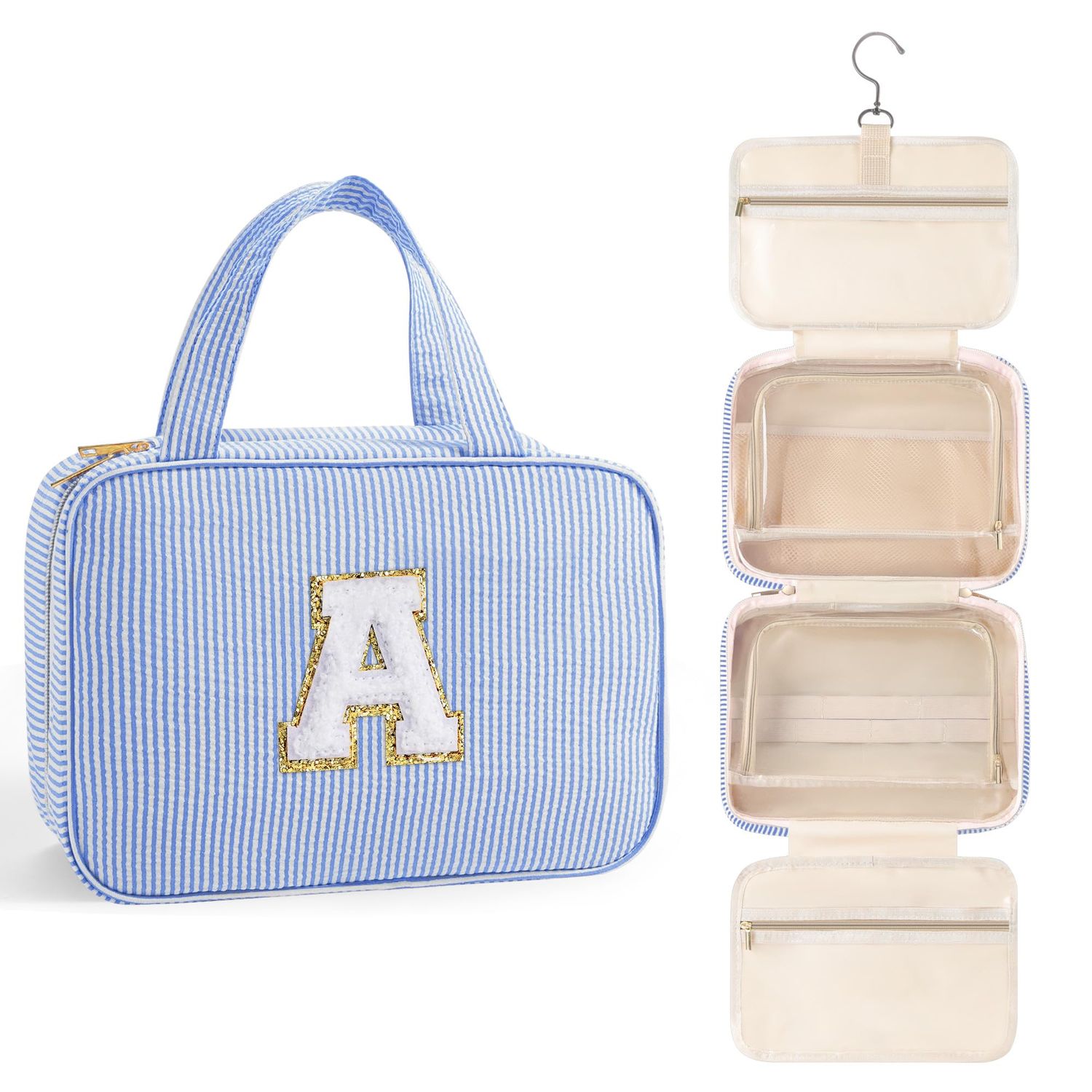 TOPEAST Travel Gifts for Women - Travel Toiletry Bag and Makeup Bag, Personalized Hanging Toiletry Bag Cosmetic Bag, Birthday Gifts Travel Gifts for Women - Letter A, Blue