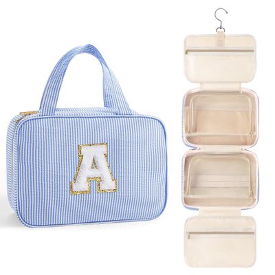 TOPEAST Travel Gifts for Women - Travel Toiletry Bag and Makeup Bag, Personalized Hanging Toiletry Bag Cosmetic Bag, Birthday Gifts Travel Gifts for Women - Letter A, Blue