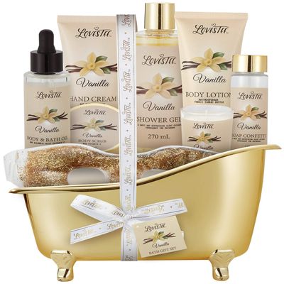 Valentines Day Spa Gift Basket for Women, Vanilla Bath &amp; Body Set, Christmas &amp; Birthday Gift, Includes Shower Gel, Body Lotion, Hand Cream, Body Scrub, Message Oil, Candle, Eye Mask, Confetti