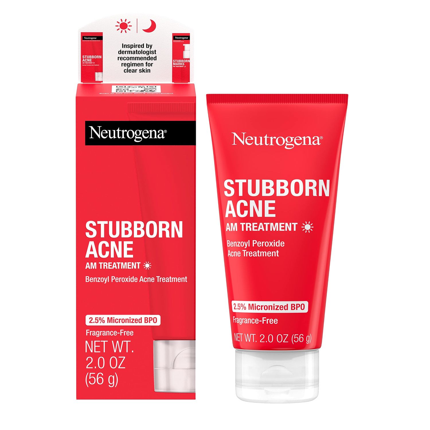 Neutrogena Stubborn Acne AM Face Treatment with 2.5% Micronized Benzoyl Peroxide Acne Medicine, Oil-Free Daily Facial Treatment to Reduce Size &amp; Redness of Breakouts, Paraben-Free, 2 oz
