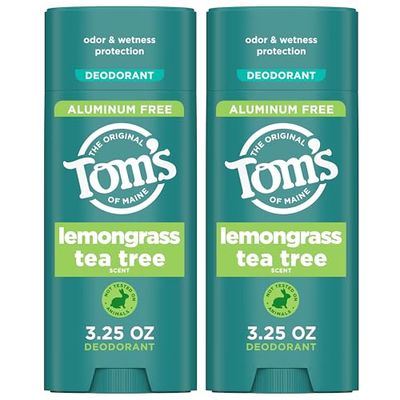Toms of Maine Lemongrass Tea Tree Aluminum Free Natural Deodorant For Women &amp; Men | Goes on Clear | Odor &amp; Wetness Protection | Naturally Derived and Moisture-Locking Ingredients | 3.25 oz (2 Pack)