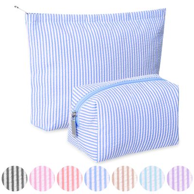 Huhumy 2 Pieces Makeup Bag Set Cute Cosmetic Bag for Women Travel Toiletry Bag Preppy Small Makeup Purse Pouch Aesthetic Skincare Bag Makeup Brushes Organizer Storage Bag for Women(Blue)