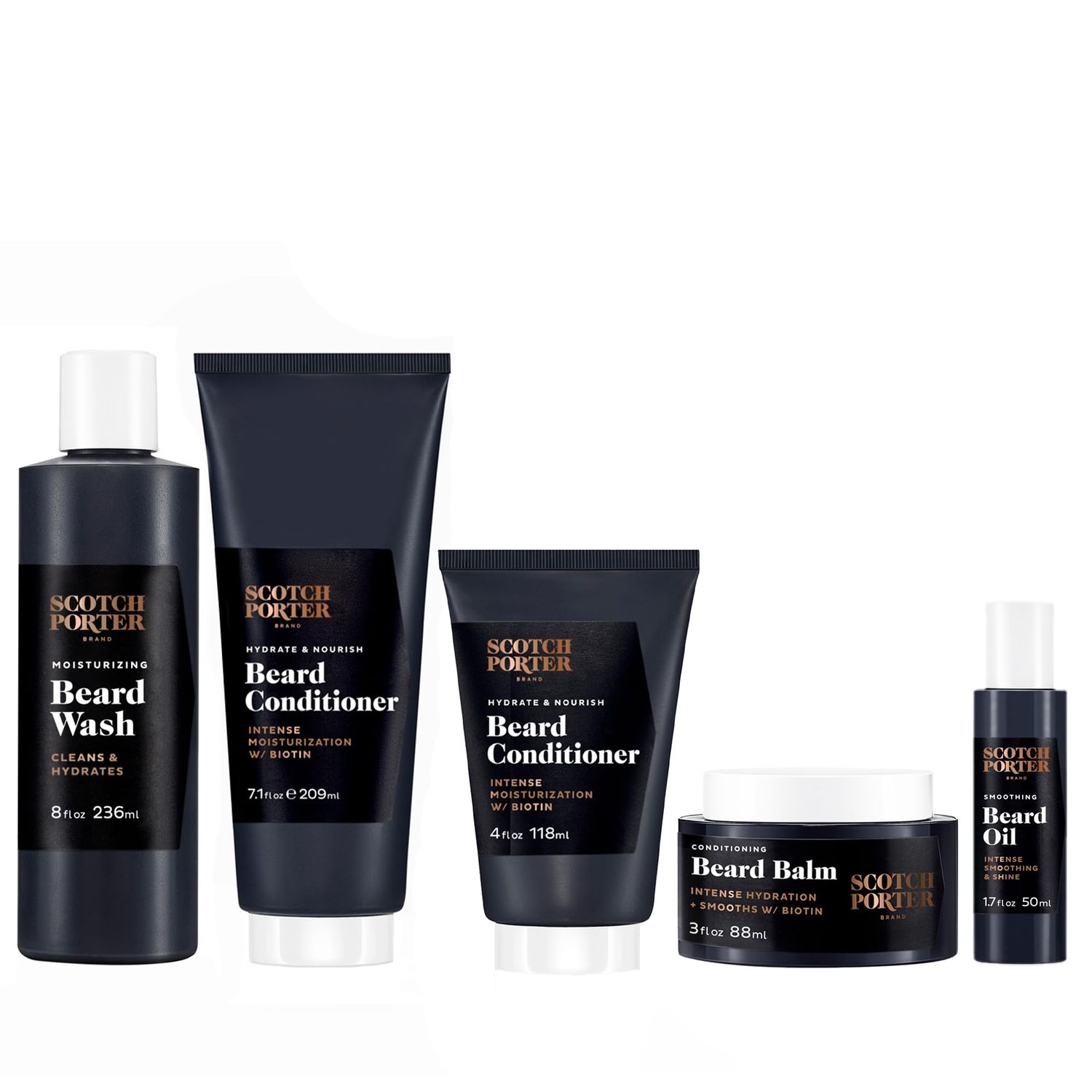 Scotch Porter Superior Beard Collection - Cleanse, Moisturize, Soothe &amp; Style while Encouraging Growth for a Fuller/Healthier-Looking Beard - Includes Wash, Two Conditioners, Serum &amp; Balm