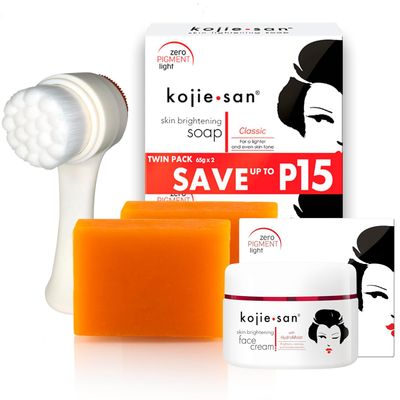 Kojie San Skincare Bundle - Facial Brightening Set with 2 Bars of Kojic Acid Soap, Face Cream &amp; Exfoliating Face Brush